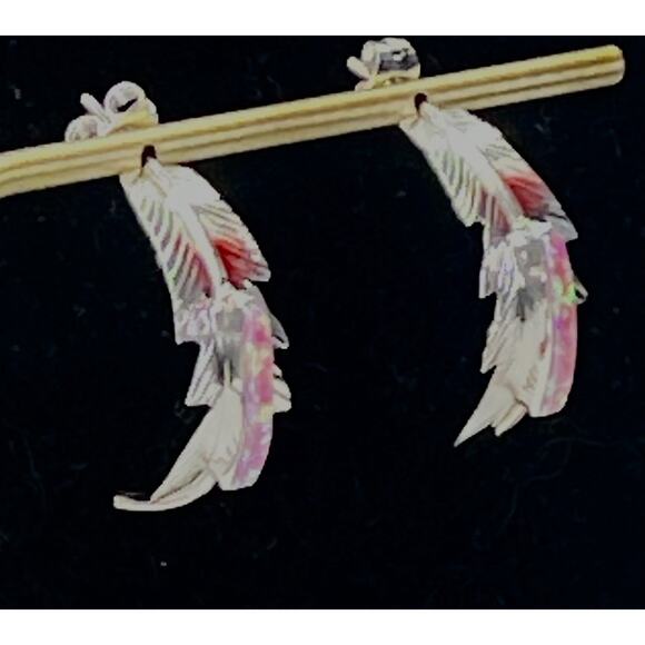 New Navajo Allen Barney Sterling Silver Pink Opal Feather Earrings Native SW - Picture 12 of 14
